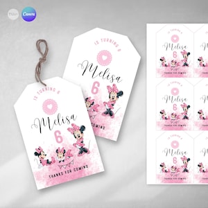 Puede incluir: Etiquetas de favor rosas y blancas con un tema de Minnie Mouse. Las etiquetas presentan un corazón rosa, el texto "Melisa cumple 6 años" y una imagen de dibujos animados de Minnie Mouse. Las etiquetas también incluyen el texto "Gracias por venir".