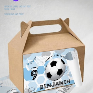 May include: A brown cardboard party favor box with a soccer-themed label. The label features a soccer ball, the number 9, and the name "Benjamin". Text on the label reads "Thank you for coming".