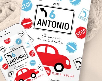 May include: A birthday invitation card and a smartphone screen displaying the same design featuring a red car, various traffic signs, the number 6, the name Antonio, and the text Join us to celebrate, 15.30 A 19.00 HS, and Junin 2025 - Recoleta.