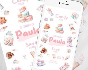 Candy party invitation, candy party, editable Canva invitations, Tukit birthday
