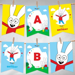 Simon ABC-banner, afdrukbare Simon-wimpels, Simon-konijnenwimpel, konijnenverjaardagsfeestje, alfabet