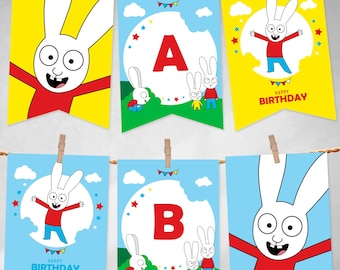 Simon ABC banner, printable Simon pennants, Simon rabbit pennant, rabbit party birthday, alphabet
