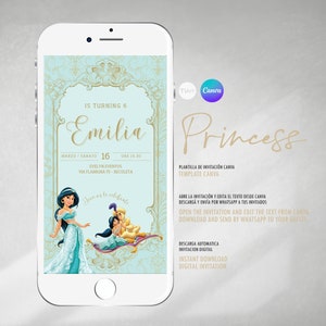 May include: A digital invitation for a 6-year-old girl's birthday party. The invitation features a princess theme with a picture of Jasmine from Aladdin. The text on the invitation says "IS TURNING 6 Emilia" and includes the date, time, and location of the party. The invitation also includes instructions on how to open and edit the invitation using Canva.