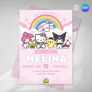 Editable birthday invitation for kitten and her friends, kawaii tukit