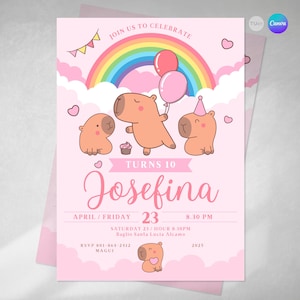 Puede incluir: Invitación de cumpleaños rosa con un arcoíris, nubes y tres capibaras de dibujos animados. El texto dice "Únete a nosotros para celebrar Josefina que cumple 10 años, abril/viernes 23, 8:30 PM, sábado 23/hora 8:30 PM, Baglio Santa Lucia Alcamo, RSVP 801-864-2412, MAGUI, 2025".