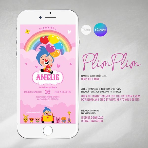 Invitacion canva editable de cumpleaños payaso plim plim rosa tukit