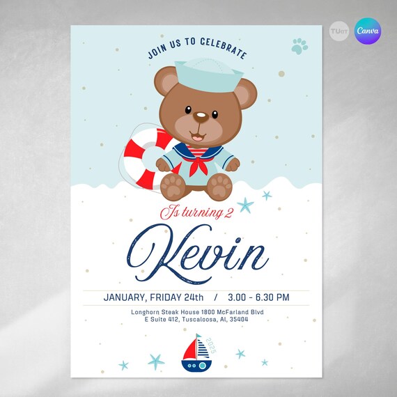 Invitacion editable osito, invitación oso marinero, invitaciones oso, sailor bear, bear party, editable canva, cumpleaños oso marinero
