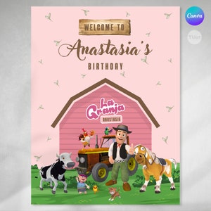 Poster imprimible cumpleaños, cartel granja de zenon 18x24 inches, cartel animales de la granja, personalizable canva, printable tukit