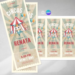 Circus invitation, watercolor circus invitation, circus ticket invitation, editable canva text
