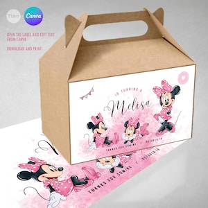 Puede incluir: Una caja de regalo marrón con una etiqueta blanca que presenta un fondo de acuarela rosa y blanco con tres imágenes de dibujos animados de Minnie Mouse. El texto en la etiqueta dice "Is turning 6 Melisa Thanks for coming October 16 Thanks for coming October 18".