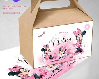 Minnie printable label, watercolor Minnie label, pink printable label, Minnie favor box, Minnie birthday tukit