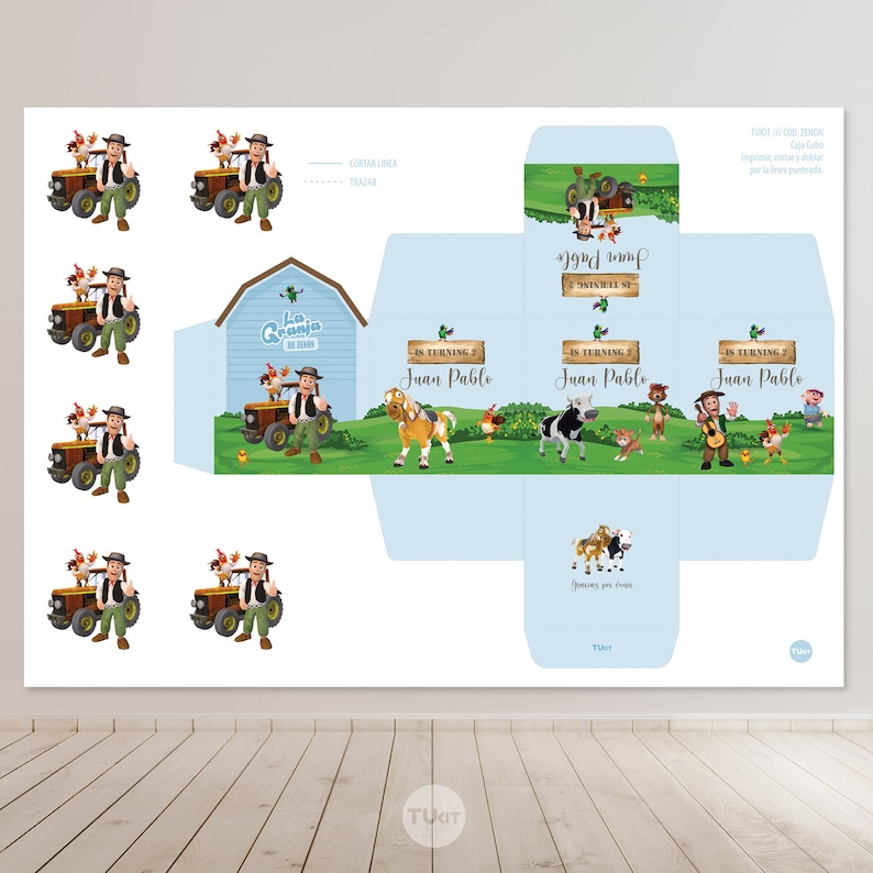 Op de afbeelding: Afdrukbare party-favour box-sjabloon met een cartoon-boerderijsc&egrave;ne met een tractor, dieren en een schuur. De doos is ontworpen voor een kinderfeestje met de tekst "Juan Pablo wordt 2".