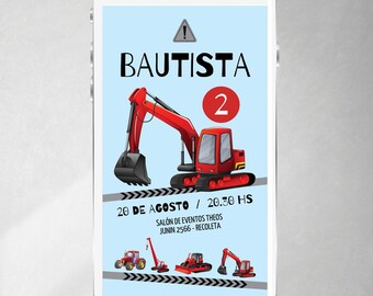 Red excavator invitation, editable text canva, tractor invitations, tukit