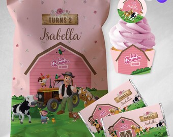 Feestbundel Canva-sjabloon, afdrukbare feestbundel, Chipbag, waterfleslabel, boerderijdieren, roze Zenon