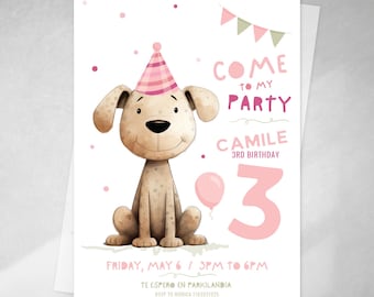 Dog invitation with a bonnet, editable text in Canva, Tukit puppy invitations