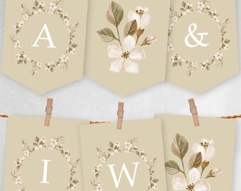 Natural flower banner abc, printable flower pennants, watercolor flower pennant, birthday flowers party, alphabet