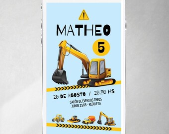Excavator invitation, editable text canva, tractor invitations, tukit