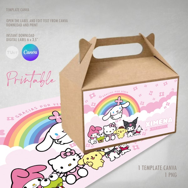 Etiqueta imprimible gatita kawaii y sus amigos printable label favor box rainbow tukit