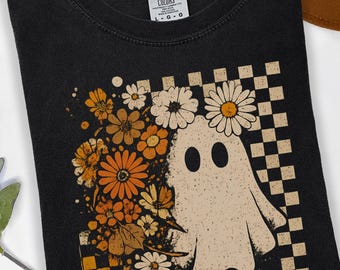 Höstspöke-tröja med komfortfärger | Höstblommig rutig Halloween-tröja | Söt läskig säsong-t-shirt | Vintage spöke-estetisk grafisk t-shirt
