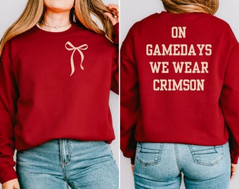 Gildan 18000 Coquette Bow Sweatshirt | On Gamedays We Wear Crimson | OU Sooners Game Day Crewneck | Oklahoma Football Fan Gift | Cozy Red