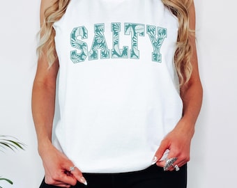 SALTY Tank Top, Beachwear, Tropical Print Shirt, Summer Tank, Comfort Colors Tank Top, Cute Vacation Apparel, Matching Beach Tank Tops