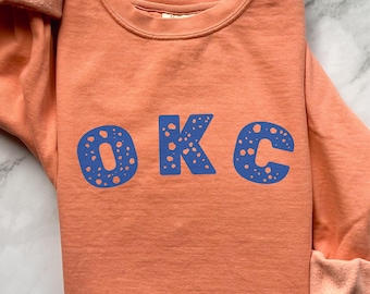 OKC Speckled Letter Sweatshirt • Comfort Colors Crewneck • Oklahoma City Game Day Top • Blue OKC Graphic • Local Basketball Fan Shirt
