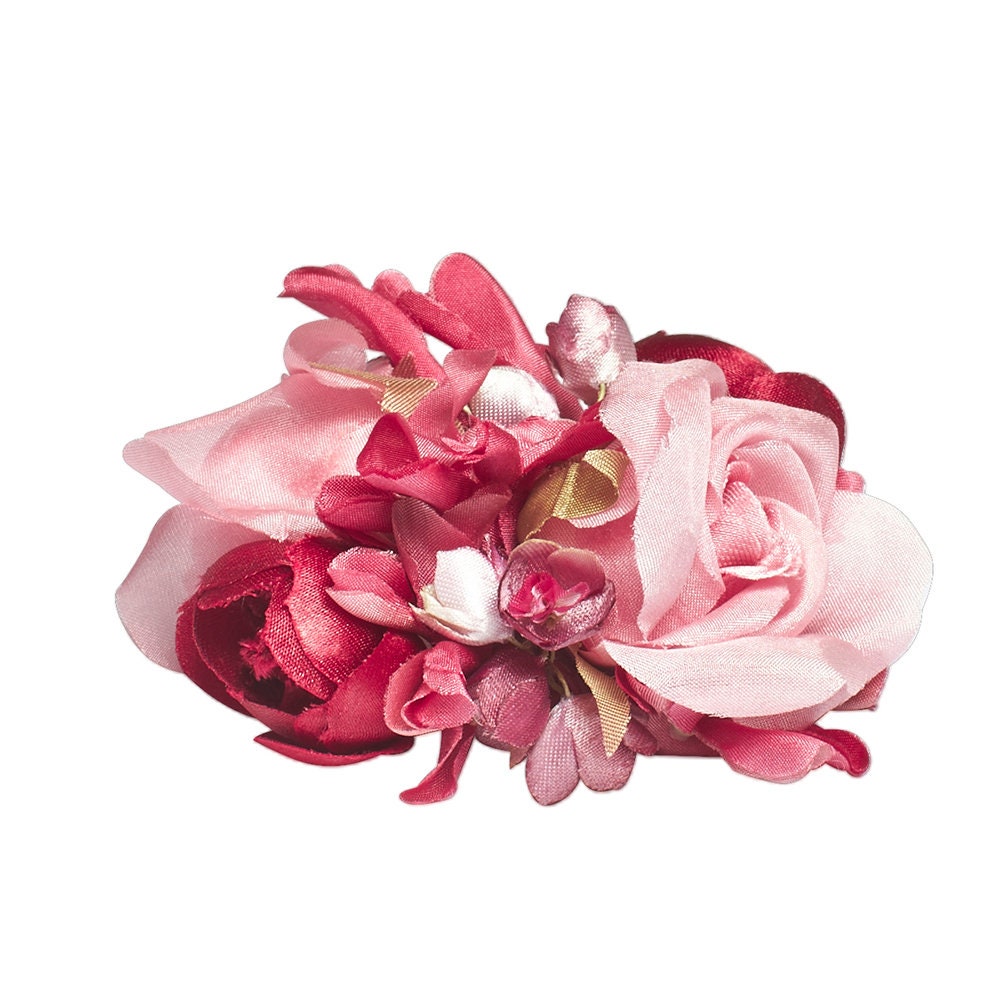 Pink silk flower clip with big and small millinery flowers Etsy