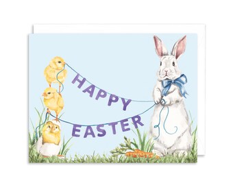 Joyeuses Pâques poussins et lapin carte de vœux | Carte de lapin de Pâques | Carte de voeux pour enfants de Pâques