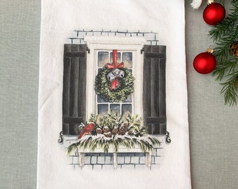Watercolor Window Scene Holiday Tea Towel, Hostess Christmas Window Gift, Gifts for Kitchen Cooks, Teacher Gift, Stocking Stuffer,