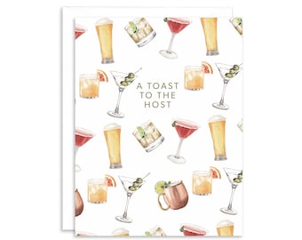 A Toast To The Host Cocktail Wenskaart | Bedankkaart gastvrouw | Aquarel bedankkaart | Wenskaart voor feestje