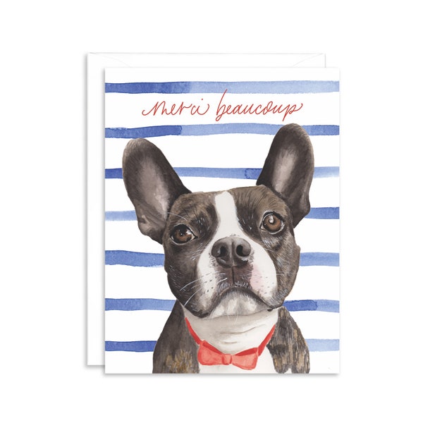 Merci Beaucoup Thank You French Bulldog Greeting Card | Dog Lover Appreciation Card | Blue and White Greeting Card | French Inspired Card