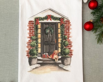 Watercolor Front Door Holiday Tea Towel, Hostess Christmas Gift, Holiday Gifts for the Kitchen or Teacher, gift for mom, Stocking Stuffer