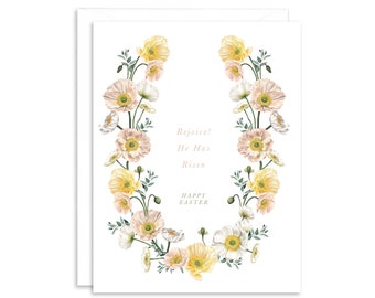Hij is religieuze Paaskaart gestegen | Aquarel klaprozen Paaskaart | Christelijke paaskaart met bloemen