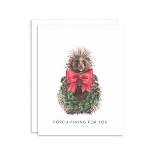 Porcu-pining For You Sweet Holiday Love Greeting Card | Karta z świątecznym wieńcem Porcupine | Punny Holiday Greetings | Urocza świąteczna karta tematyczna