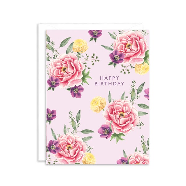 Happy Birthday Peony Floral Greeting Card | Birthday Card for Best Friend | Flower Lover Card | Purple Birthday Card For Her