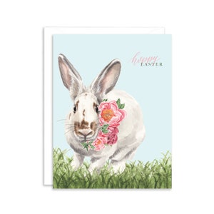 Hoppy Easter Bunny Easter Card | Watercolor Peter Cotton Tail Card | Elementy koszyka wielkanocnego | Dekoracje wielkanocne | Dekoracje papierowego domu Betty