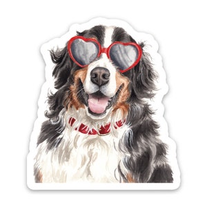 Bernese Mountain Dog in Red Heart Sunglasses Sticker | Cool Dog Themed Decal | Giant Dog Lover Sticker | Cute Dog Sticker for Water Bottle