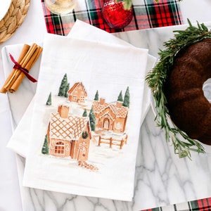 Watercolor Gingerbread Scene Holiday Tea Towel, Christmas Gift for Hostess or Host, Gifts for Mom and Mother-in-law, Stocking Stuffer