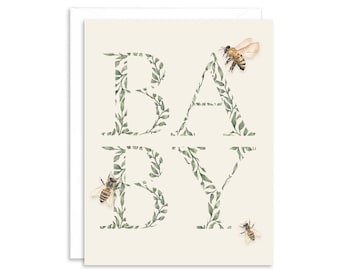 Baby Greenery and Bees Gender Neutral Greeting Card | Baby Shower Card | New Parents Card | New Baby Congratulations | Baby Sprinkle Card