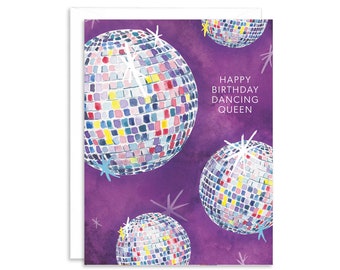 Carte de voeux de joyeux anniversaire, reine de la danse, boule disco