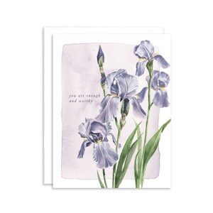 Carte d’encouragement à l’iris violet aquarelle | Carte florale pour les amis | Carte de vœux d’amitié | Vous en êtes digne | Papeterie Paper Betty