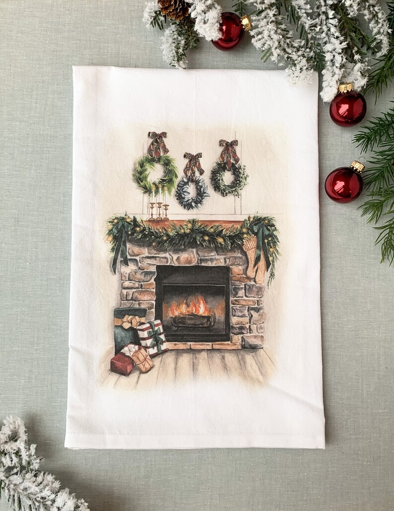 Watercolor Fireplace Holiday Tea Towel Paper Betty Tea Towel Christmas Gift Tea Towel Christmas Gifts for Mom and Mother-in-law