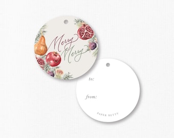 Merry Merry Circle Holiday Fruits Gifts Tags | Christmas Gift Tags | Round Holiday Gift Tag | Christmas Gift Bag Tags |