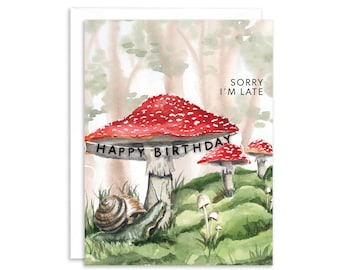 Happy Birthday Belated Mushroom Greeting Card | Belated Birthday Card | Mushroom Birthday Card | Late Birthday Wishes Card | Snail Card