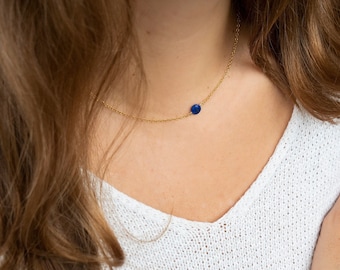 Lapis Lazuli Necklace - Delicate Tiny Choker in Sterling Silver & Gold Filled