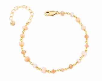 Pink Opal Beaded Bracelet, Gold Plated Sterling Silver Chain