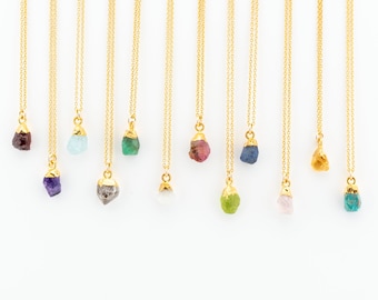 Raw Birthstone Necklace, Gold Silver Electroplated Crystal, Gift for Her