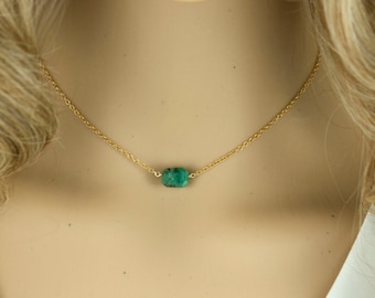Raw Emerald Choker, 14k Gold Filled, May Birthstone Necklace