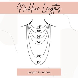 May include: Diagram illustrating necklace lengths, ranging from 16 inches to 33 inches. The image shows a neck outline with several curved lines representing different necklace lengths. Text at the bottom reads "Length in Inches."