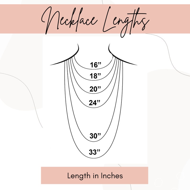 May include: Diagram illustrating necklace lengths, ranging from 16 inches to 33 inches. The image shows a neck outline with several curved lines representing different necklace lengths. Text at the bottom reads "Length in Inches."